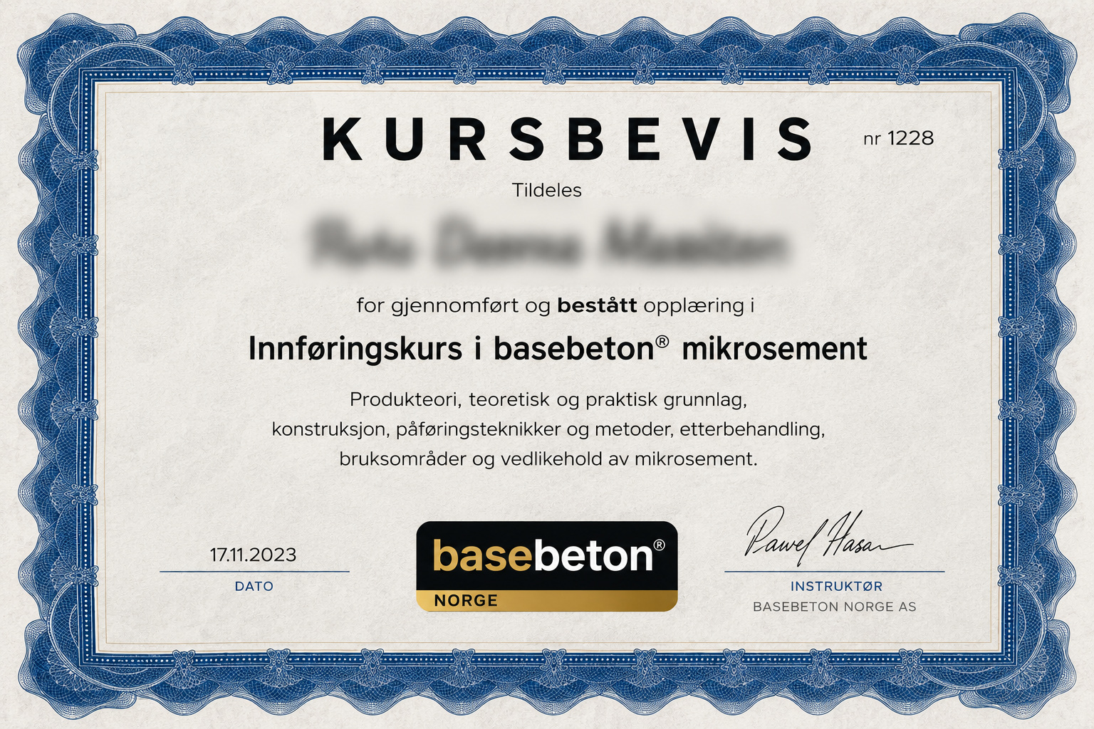 Kursbevis for innføringskurs i basebeton mikrosement